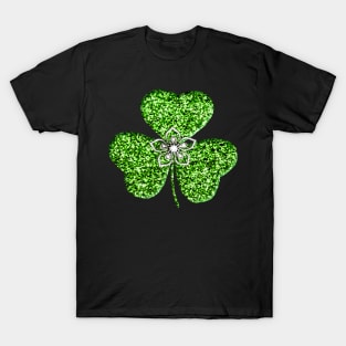 Faux Green Glitter Shamrock With A Flower T-Shirt